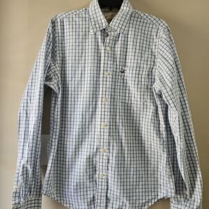 Hollister Button Down Shirt Mens Large White Blue Windowpane Plaid Long Sleeve